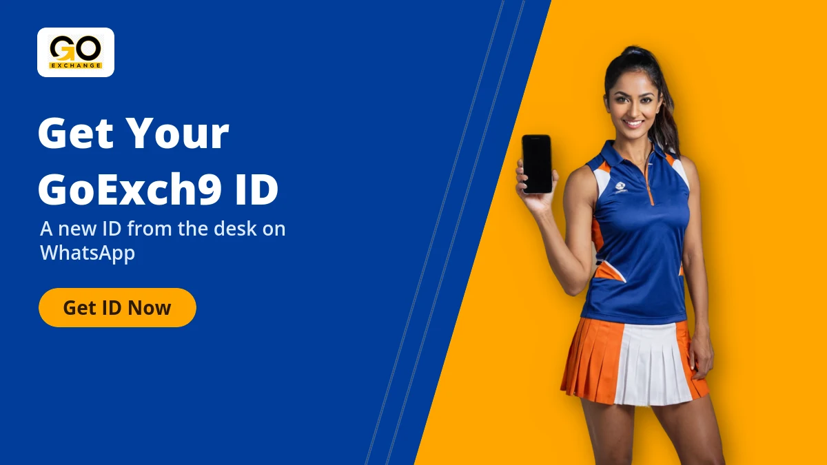 GoExch9 new ID banner with a model showing the WhatsApp sign up on her phone screen